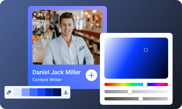 User interface displaying a profile card of Daniel Jack Miller, Content Writer, with a color picker and gradient color swatches.