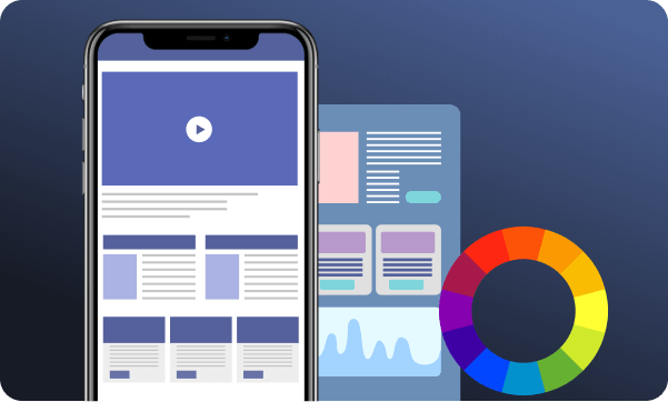 Smartphone displaying a website layout mockup with text and media elements, alongside a design dashboard and a colorful circular palette.