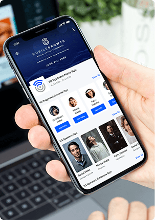 a man holding a phone that showing host event app screen