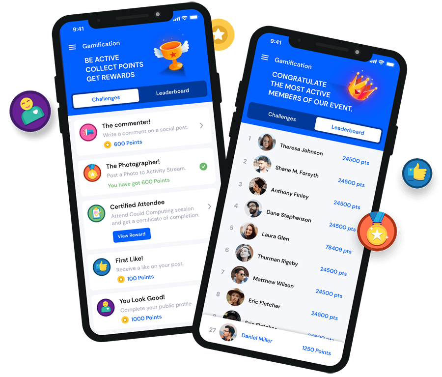 two phone mockup both showing gamification screen