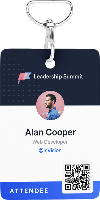 Leadership Summit attendee badge for Alan Cooper, Web Developer at InVision, with photo and QR code.
