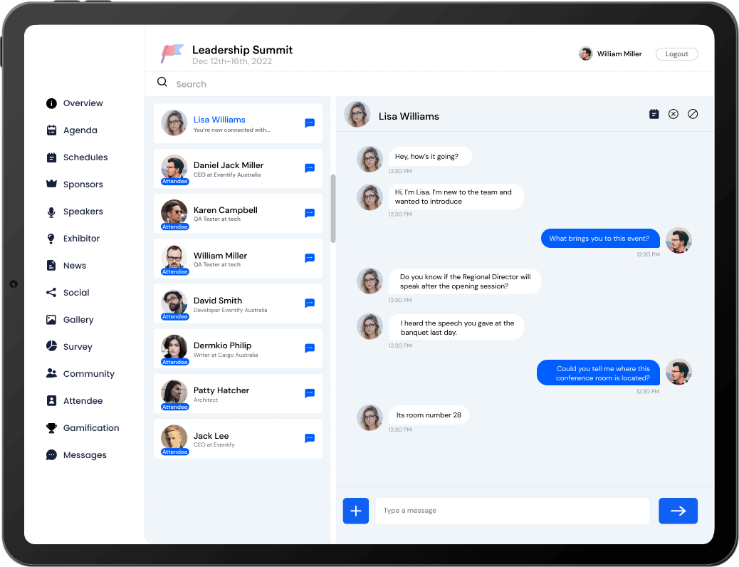 Tablet screen showing a 'Leadership Summit' chat interface with a list of attendees on the left and a conversation between Lisa Williams and another attendee on the right.