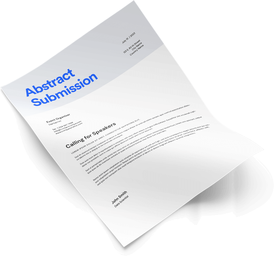 Flyer titled 'Abstract Submission' with event organizer contact, a 'Calling for Speakers' section in placeholder text, and a signature line for John Smith, Data Scientist.