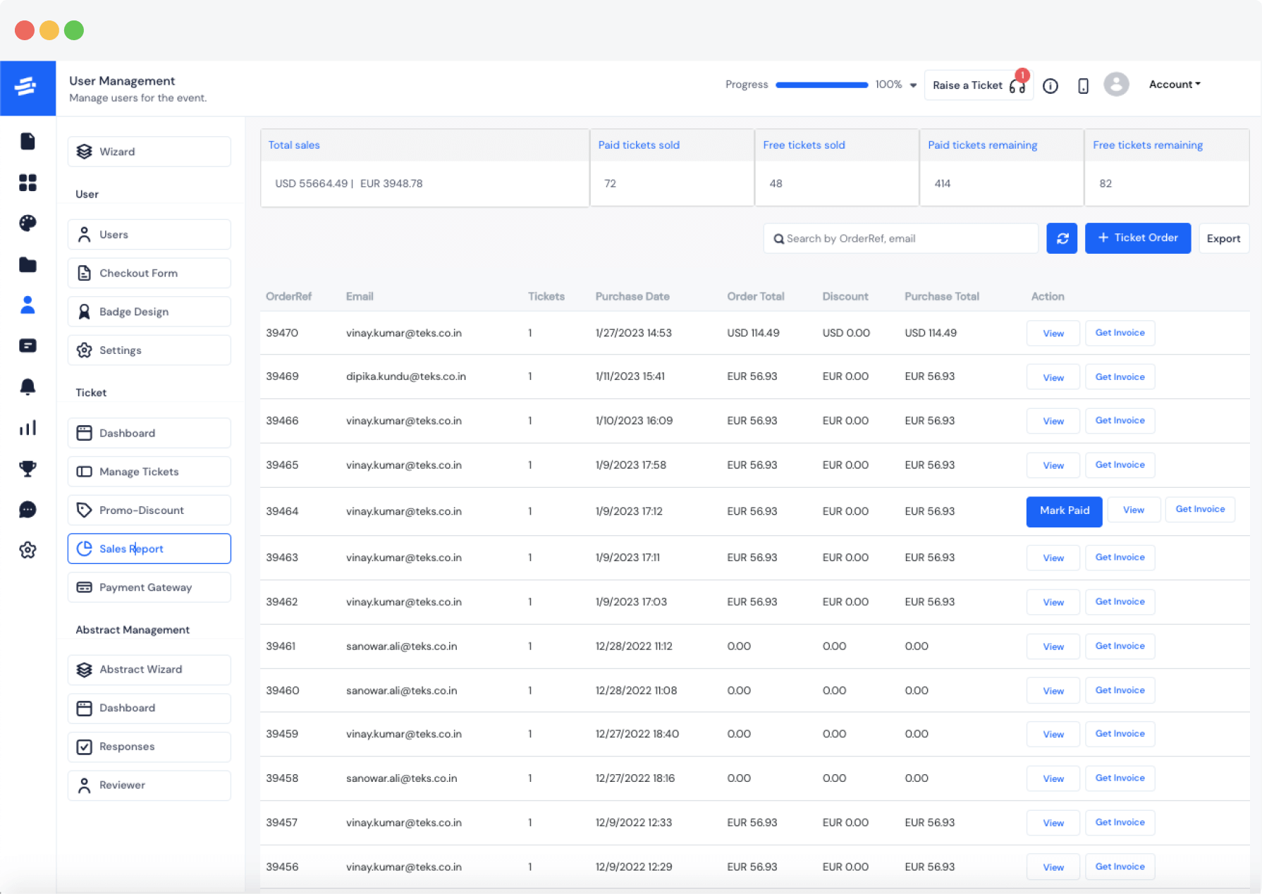 User Management dashboard showing ticket sales with columns for order reference, email, tickets, purchase date, order total, discount, purchase total, and action buttons.