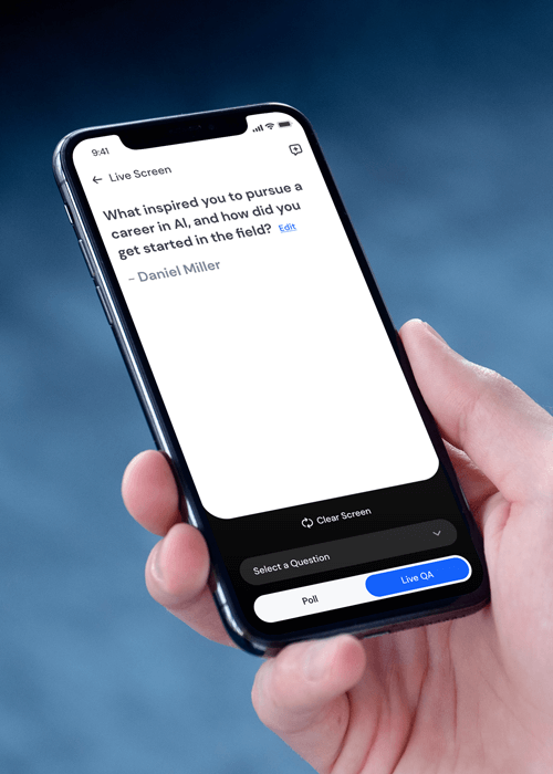 Smartphone screen showing a live Q&A question asking about inspiration and career start in AI, held in a hand with a blurred blue background.