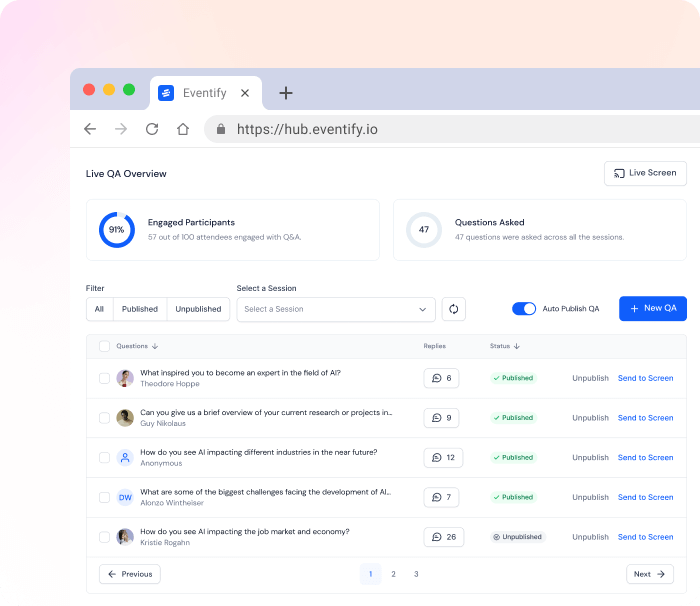 You can check all data about live polls and QA on Evenitfy live polling for eve platformnts