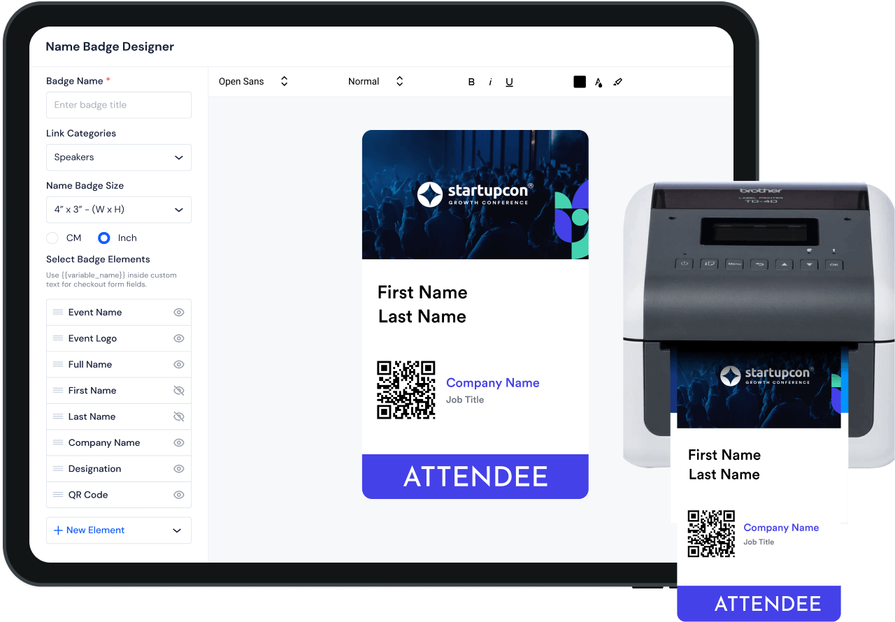 A mockup showing how to setup a printer and an image of printer printing event badge