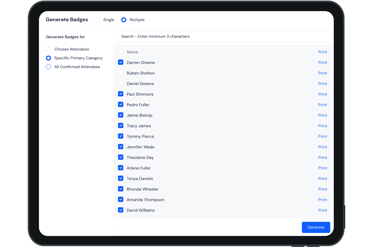 a mockup showing a summary of different requirements and ready to print the badge button