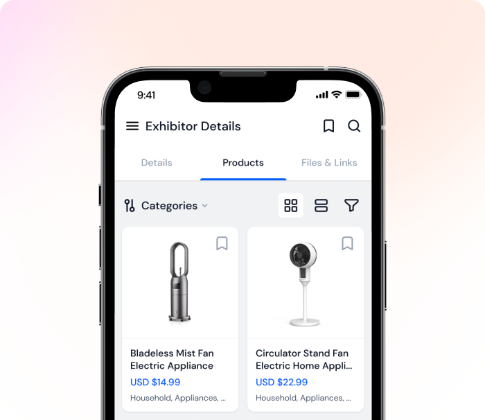 Mobile screen showing exhibitor product listings.