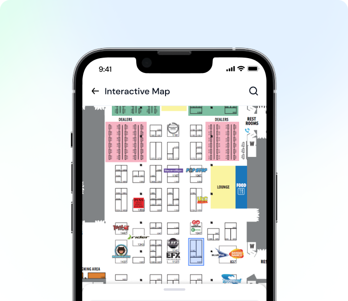 Interactive convention hall booth map on a smartphone.