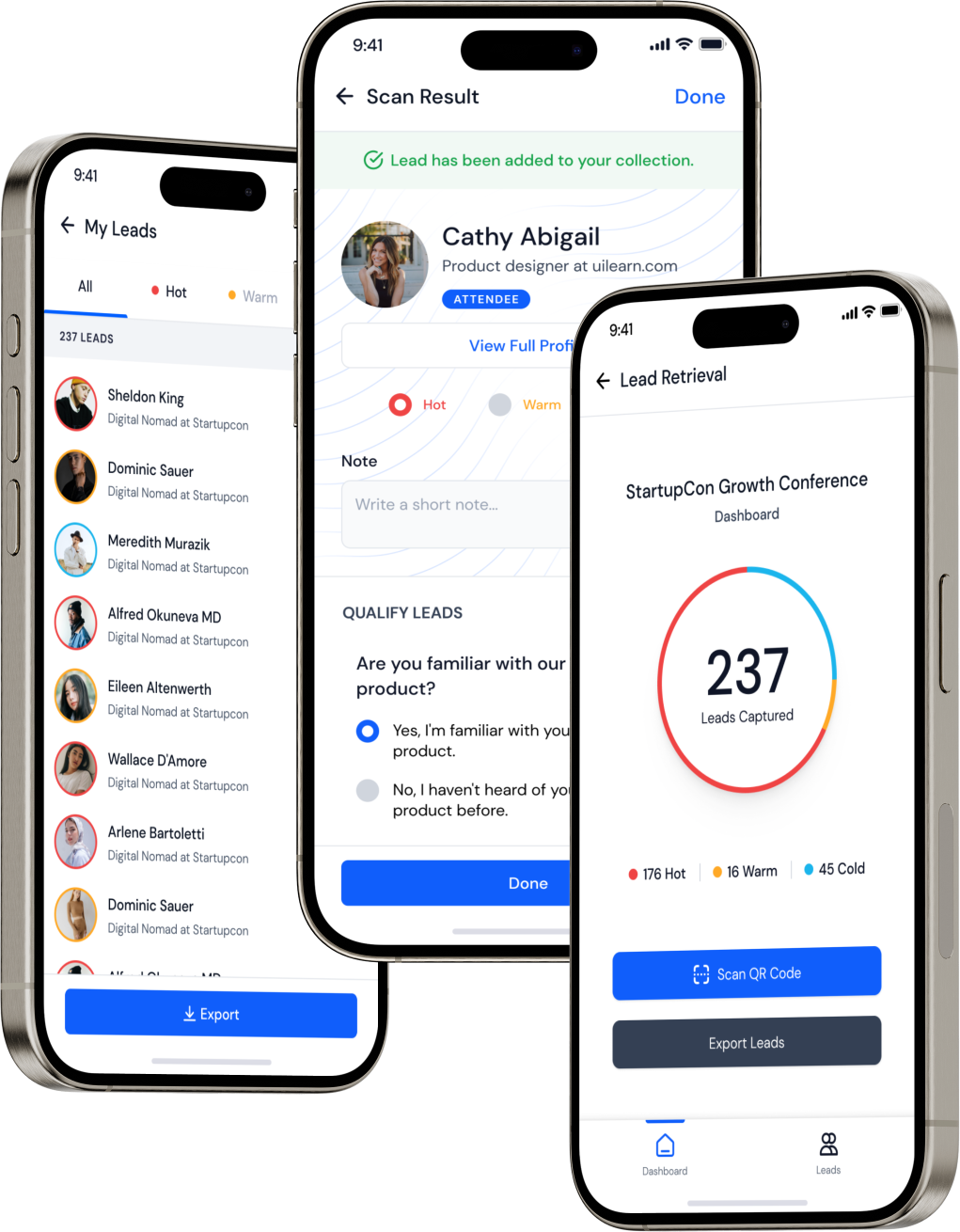 Mobile app screens showing lead management features including lead list, lead details with qualification, and conference leads dashboard with a circular chart displaying 237 leads categorized as hot, warm, and cold.