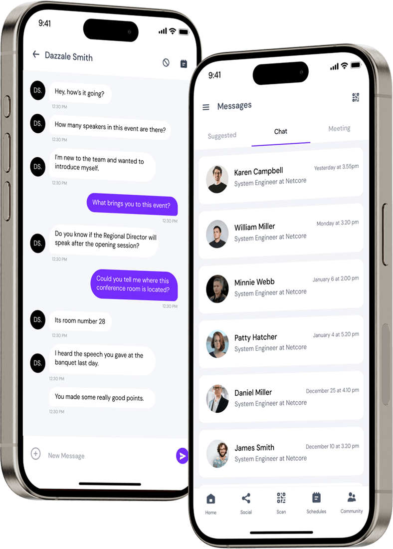 Two smartphones displaying a messaging app; left phone shows a chat with Dazzale Smith, right phone shows a list of chats with names and roles of system engineers at Netcore.