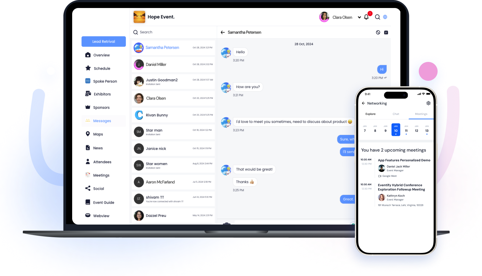 Laptop and smartphone showing a messaging and scheduling app for event networking with chat conversations and upcoming meetings.