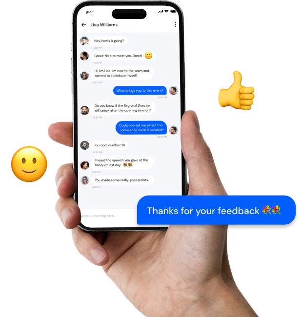 Hand holding a smartphone showing a text conversation with messages about a conference event and feedback, alongside thumbs-up and smiling face emojis.