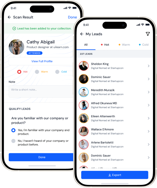 User interface of a lead management app showing a scan result for Cathy Abigail with lead qualification options and a My Leads list filtering leads by hot, warm, and cold status.