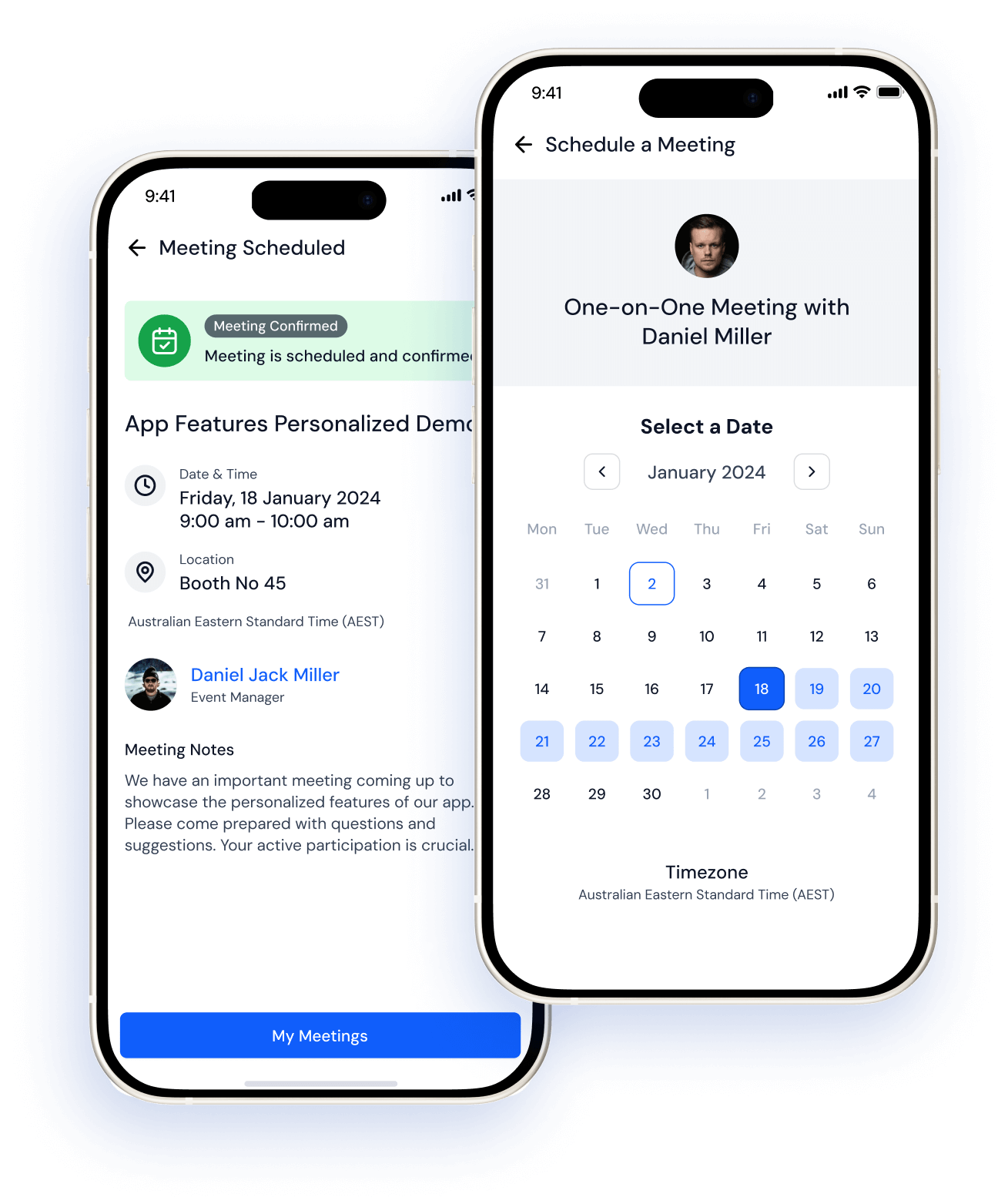 Two smartphone screens showing a meeting scheduling app with one screen displaying a calendar to select a date and the other confirming a meeting scheduled on January 18, 2024 from 9 to 10 am at Booth No 45 with Daniel Jack Miller as event manager.