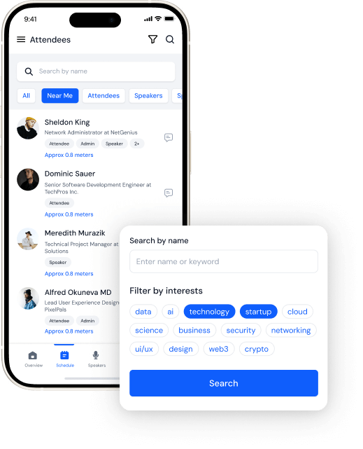 Mobile app interface showing an event attendee list filtered by 'Near Me' with profiles and a search panel to filter by interests like data, AI, technology, and startup.