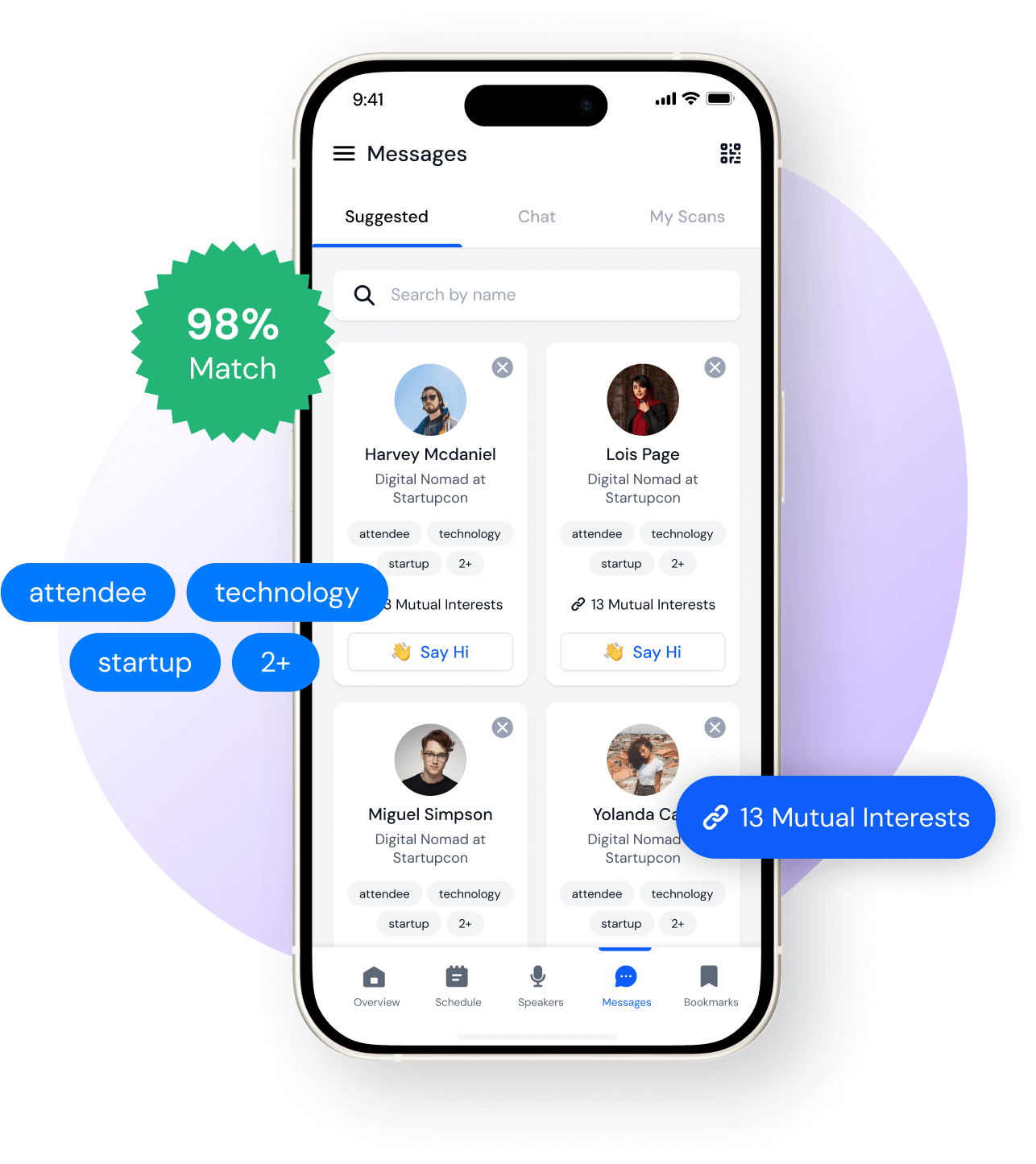 Mobile app screen showing matchmaking with four digital nomads having shared interests and a 98% match indicator.