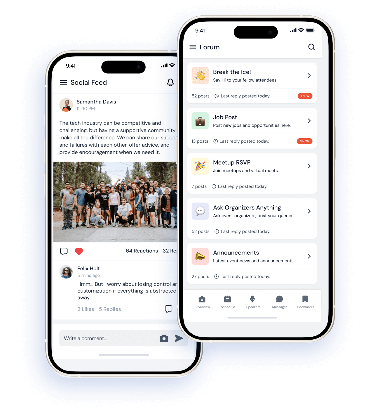 Two smartphones displaying a social feed with comments and a forum page with event-related discussion categories.