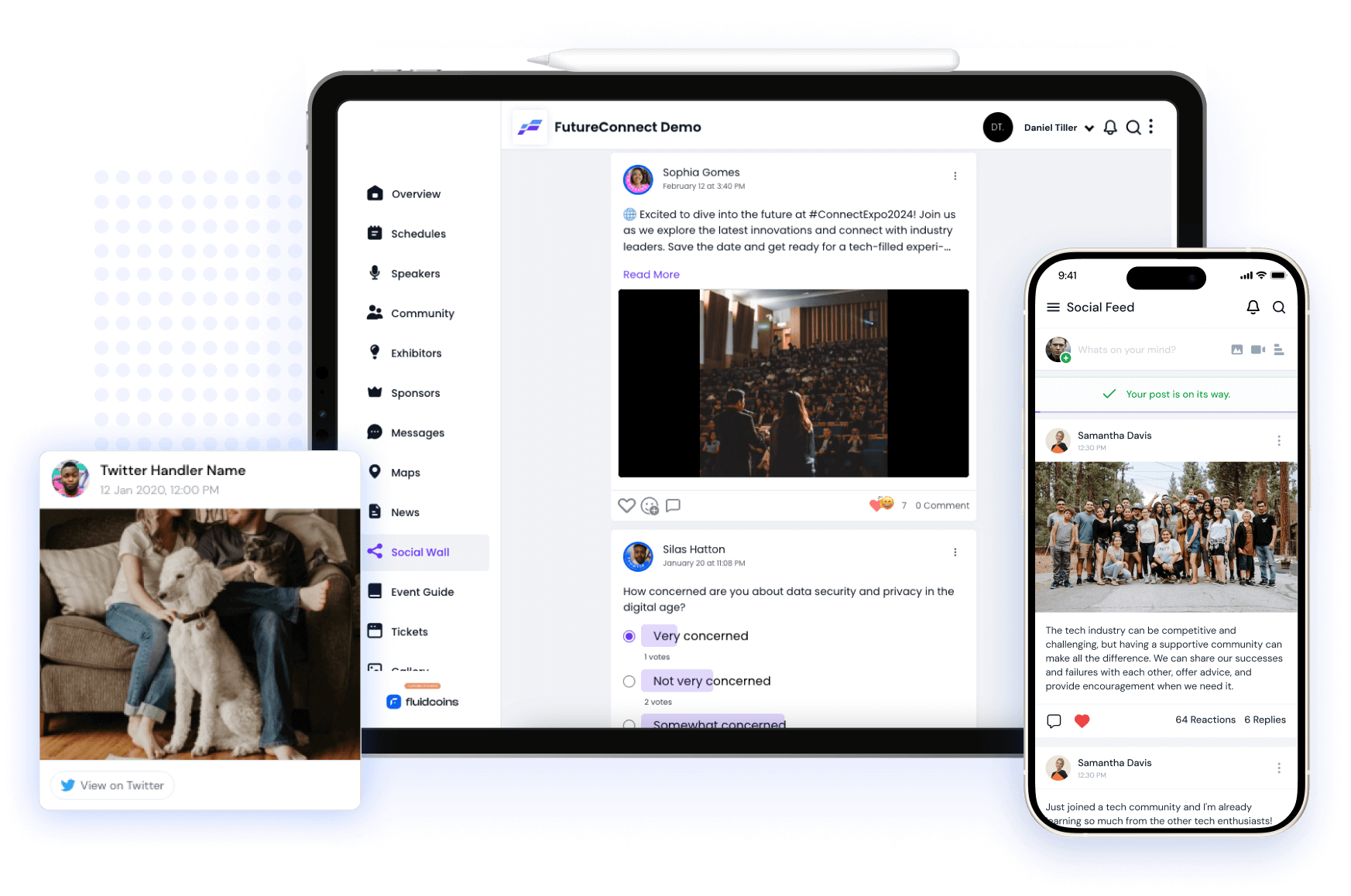 Tablet and smartphone displaying a social media platform interface with posts, comments, and user interactions including images of people and a dog.
