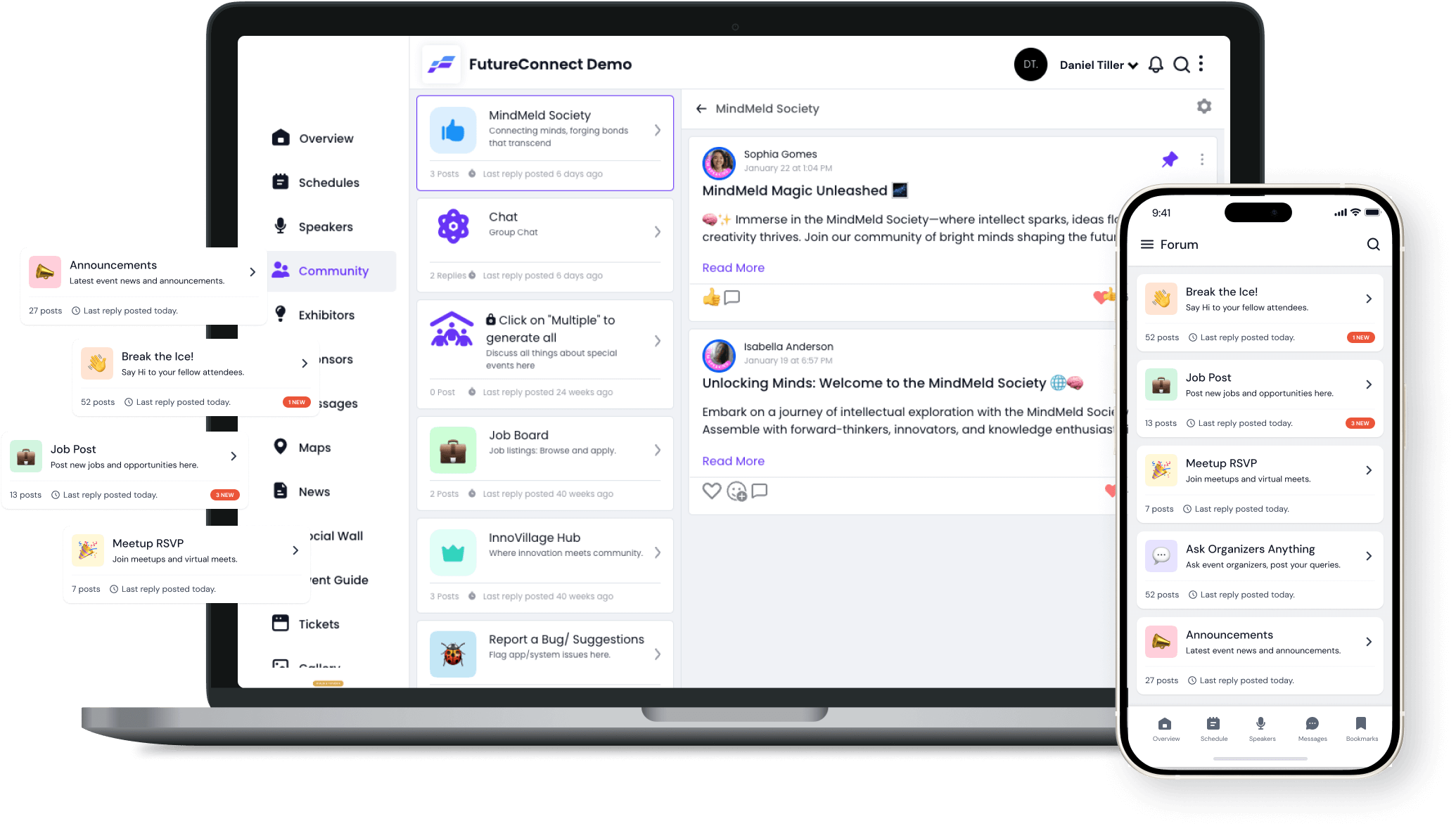 Laptop and smartphone displaying FutureConnect Demo app with community forum, job board, chat, announcements, and meetup features.