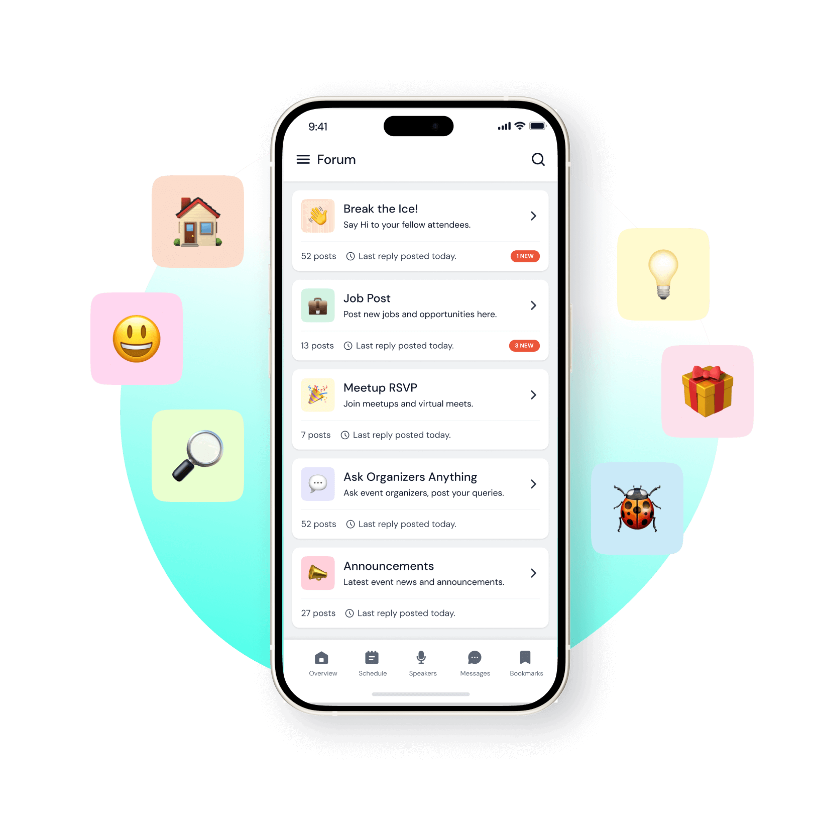 Mobile phone screen displaying a forum app with categories like Break the Ice, Job Post, Meetup RSVP, Ask Organizers Anything, and Announcements, surrounded by colorful emoji icons.