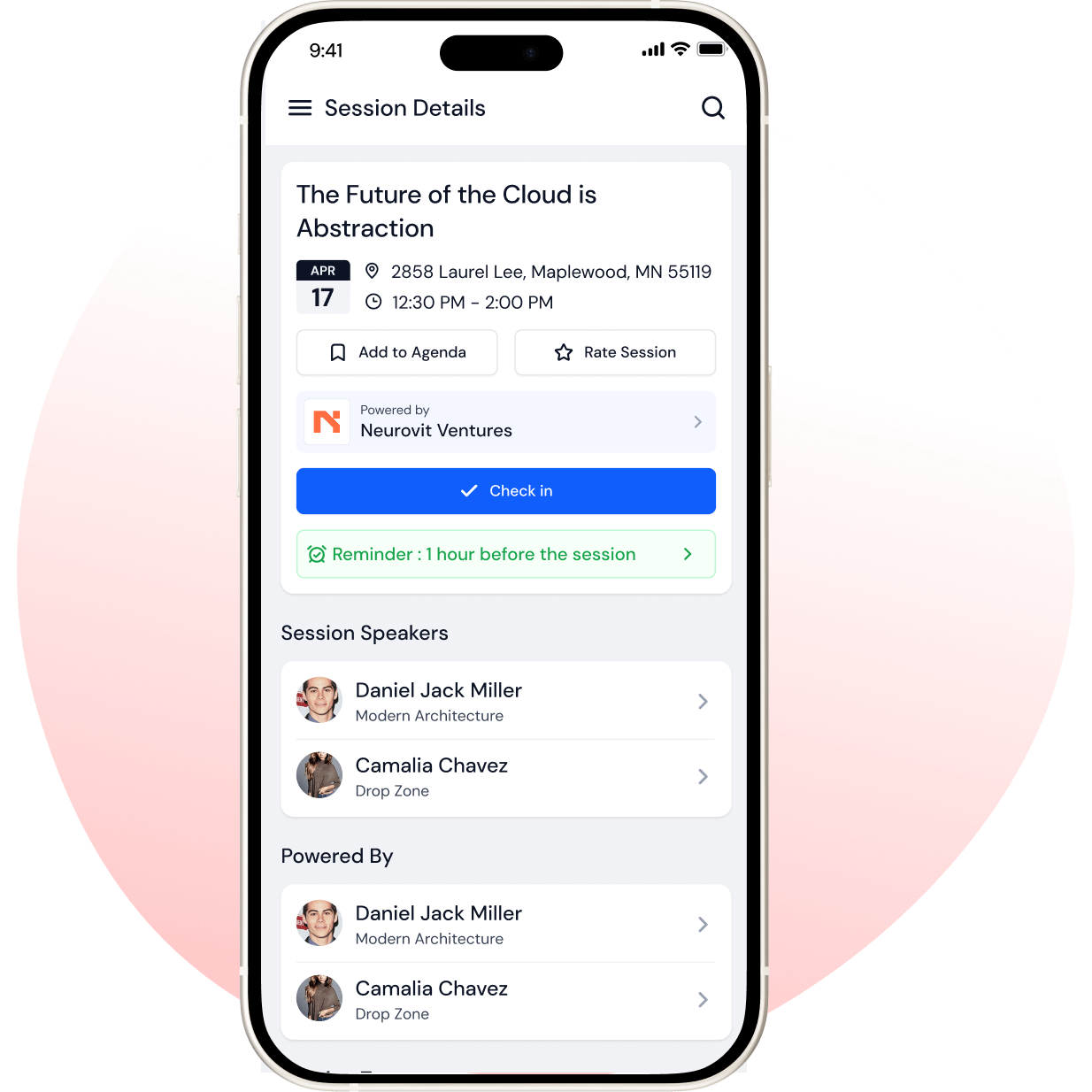 Mobile screen showing session details for 'The Future of the Cloud is Abstraction' with date April 17, location 2858 Laurel Lee, Maplewood, MN, time 12:30 PM to 2:00 PM, options to add to agenda, rate session, check-in button, and reminder set 1 hour before session, plus speaker info for Daniel Jack Miller and Camalia Chavez.