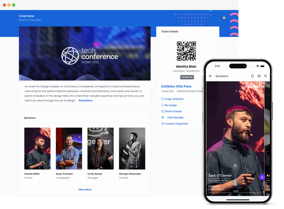 Tech conference overview webpage showing event description, speaker profiles, and exhibitor ticket details with a mobile phone displaying a speaker profile.