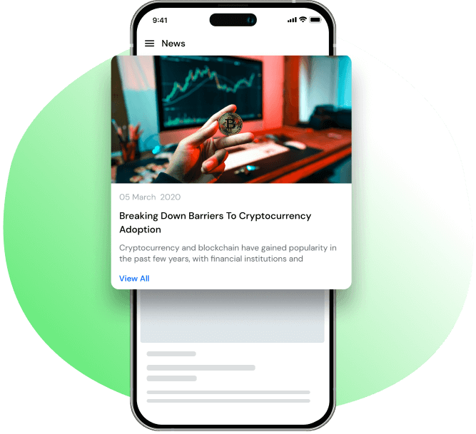Mobile phone screen displaying a news article about cryptocurrency adoption with an image of a hand holding a Bitcoin coin in front of a computer showing a financial chart.