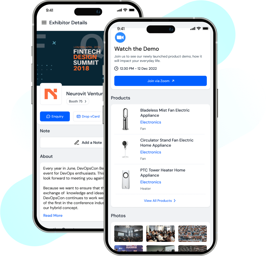 Two smartphones displaying an exhibitor details page and a product demo invitation with product listings and photos.