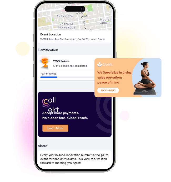 Smartphone screen showing event details including location in San Francisco, a gamification progress bar with 1250 points earned, ads for payment service with no hidden fees, and a wellness company offering a sales demo.