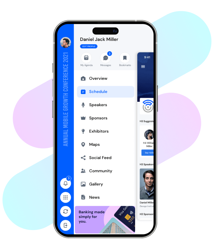 Mobile app interface for Annual Mobile Growth Conference 2021 showing user profile, menu with options like Schedule, Speakers, Sponsors, Exhibitors, Maps, Social Feed, Community, Gallery, and News.