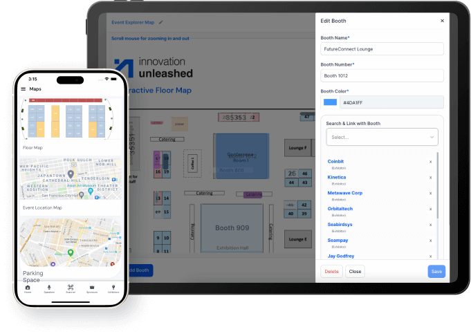 Tablet displaying an editable interactive floor map for booth management and a smartphone showing a maps app with floor and event location maps.