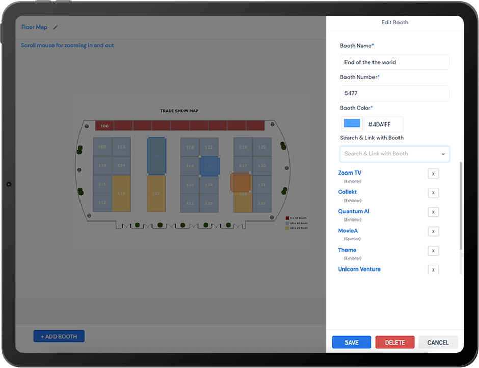 Trade show floor map with booths numbered and color-coded, and an Edit Booth panel showing details for booth 5477 named 'End of the world' including linked exhibitors and sponsors.
