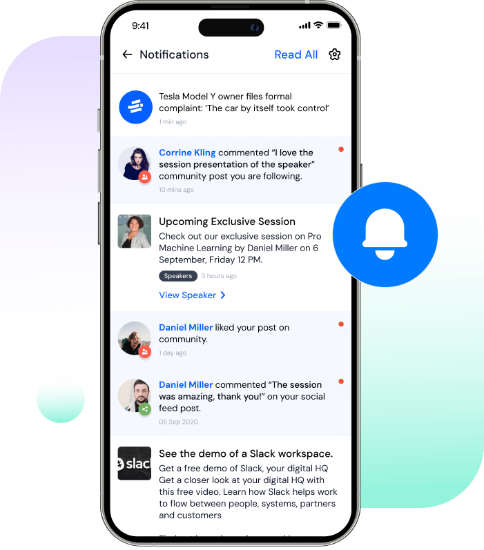 Smartphone screen showing a notifications list with various posts and comments about sessions, community interactions, and a Slack demo, alongside a blue notification bell icon.