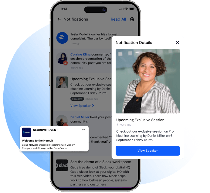 Smartphone screen displaying notification details about an upcoming exclusive session on Pro Machine Learning by Daniel Miller, with speaker photo and a notification from Neurovit Event about cloud network designs.
