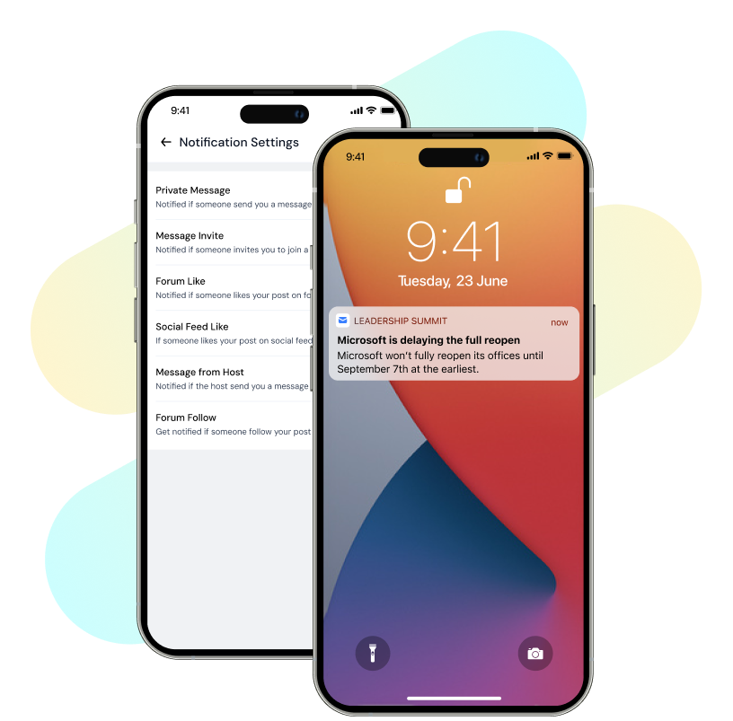 Two smartphones, one showing notification settings with options for private message, message invite, forum like, social feed like, message from host, and forum follow; the other showing a lock screen with a notification about Microsoft delaying full office reopening until September 7th.