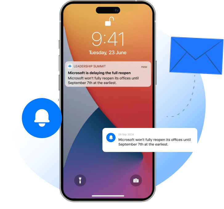 Smartphone showing a notification about Microsoft delaying the full office reopening until September 7th, set on a background with a bell icon and an envelope.