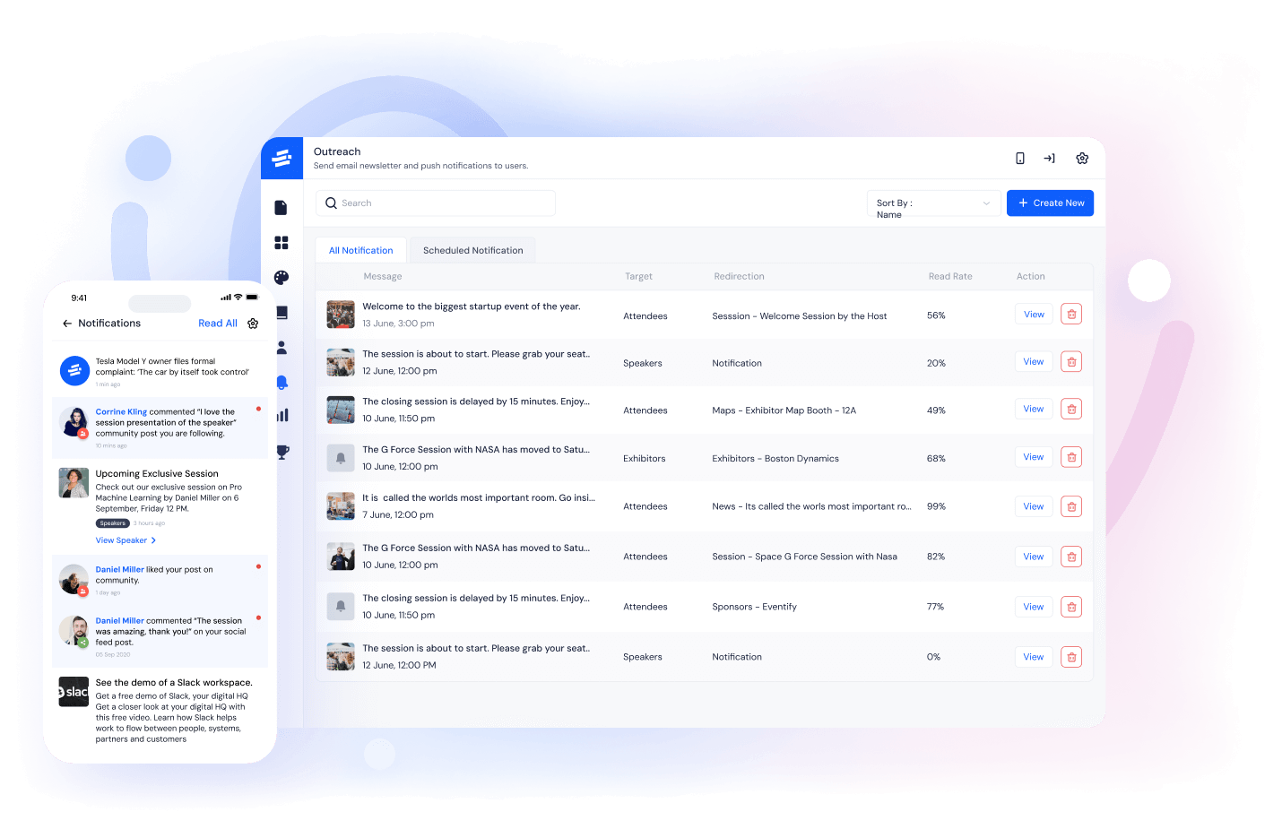User interface of an Outreach platform showing notifications and scheduled notifications for event attendees, speakers, and exhibitors with read rates and action buttons.