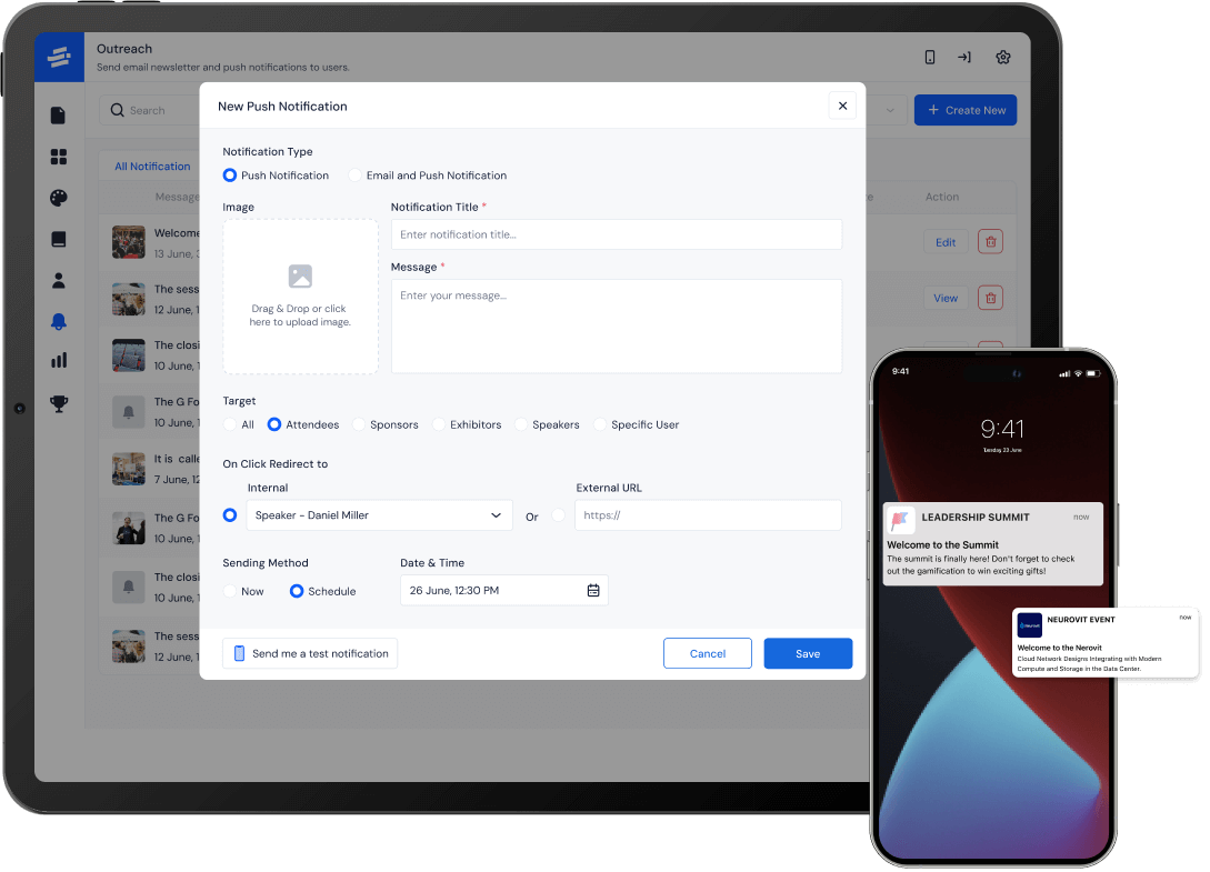 Tablet displaying a push notification creation form for targeting attendees with options for image upload, title, message, redirect, and scheduling; smartphone shows two example push notifications for events.