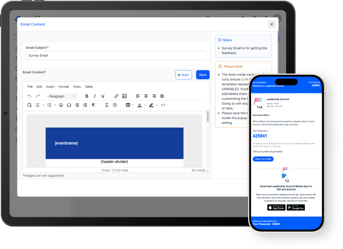 Tablet displaying an email content editor window with a survey email template, next to a smartphone showing a Leadership Summit passcode email.