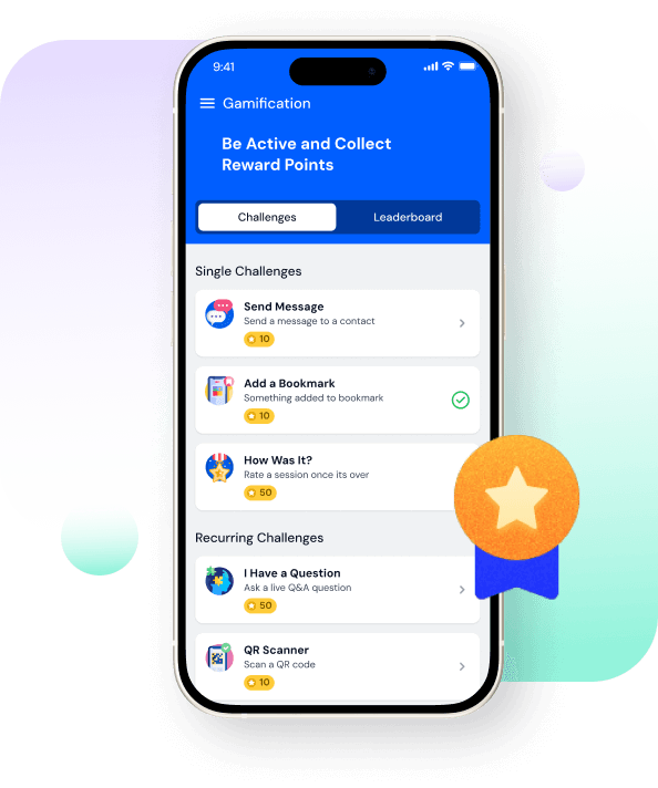 Mobile app screen showing gamification challenges to collect reward points, including send message, add bookmark, rate session, ask question, and QR scanner.