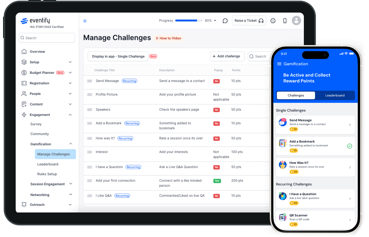 Tablet displaying HOST's Manage Challenges dashboard with a list of challenges and details, alongside a smartphone showing the Gamification app screen with active challenges and points.