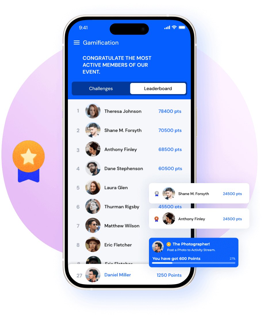 Mobile app screen showing a gamification leaderboard with user photos, names, and points, highlighting active members and recent achievements.