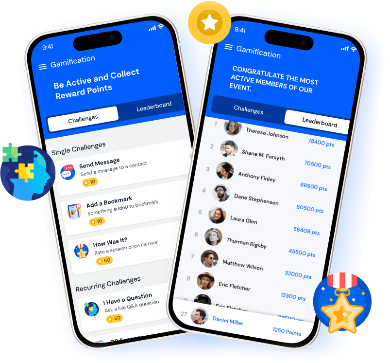 Two phone screens show a gamification app with challenges like sending messages and rating sessions, and a leaderboard of active members with points.