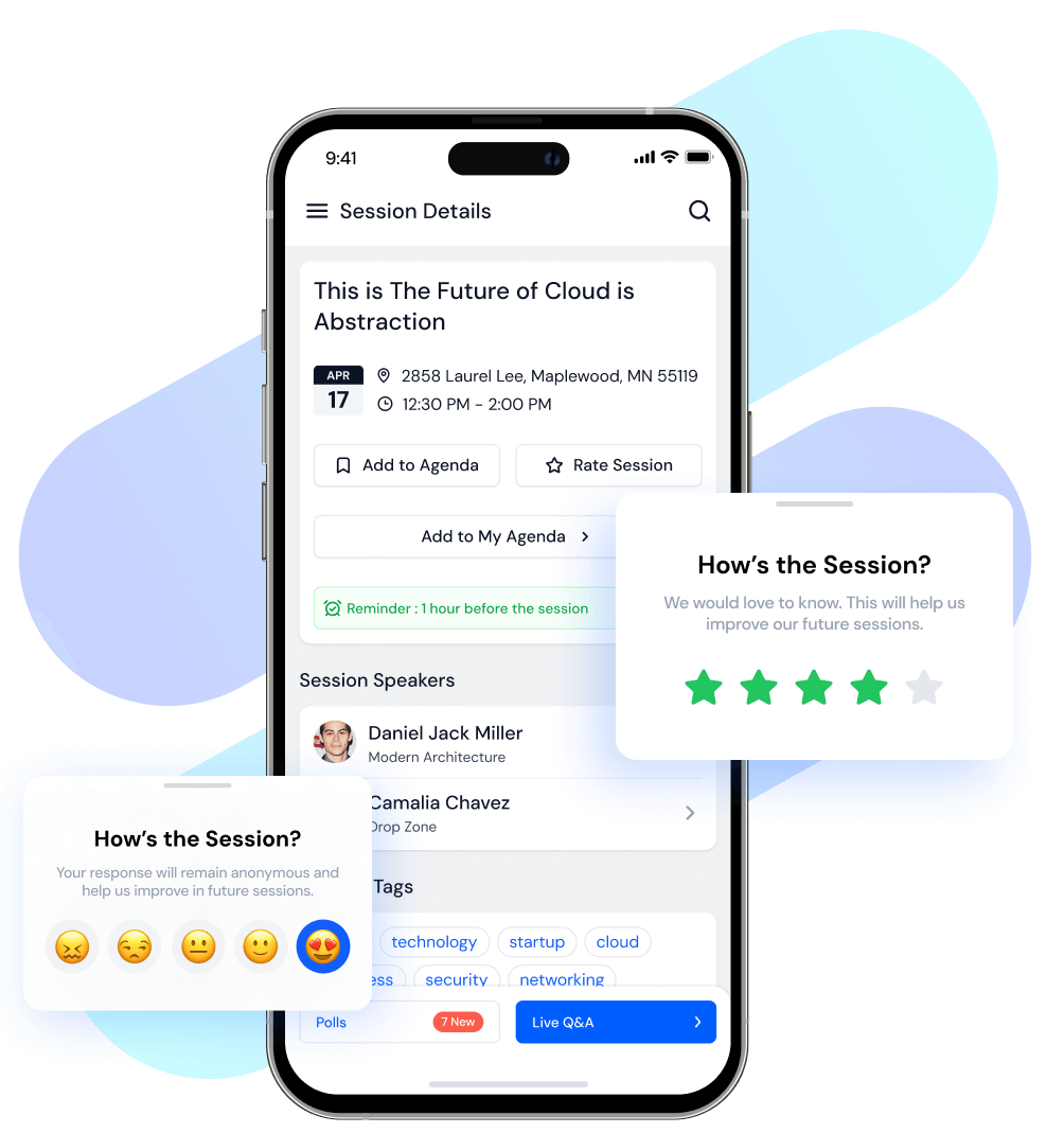 Mobile screen showing session details for 'The Future of Cloud is Abstraction' with date, location, time, speakers, tags, and interactive feedback options including star rating and emoji responses.