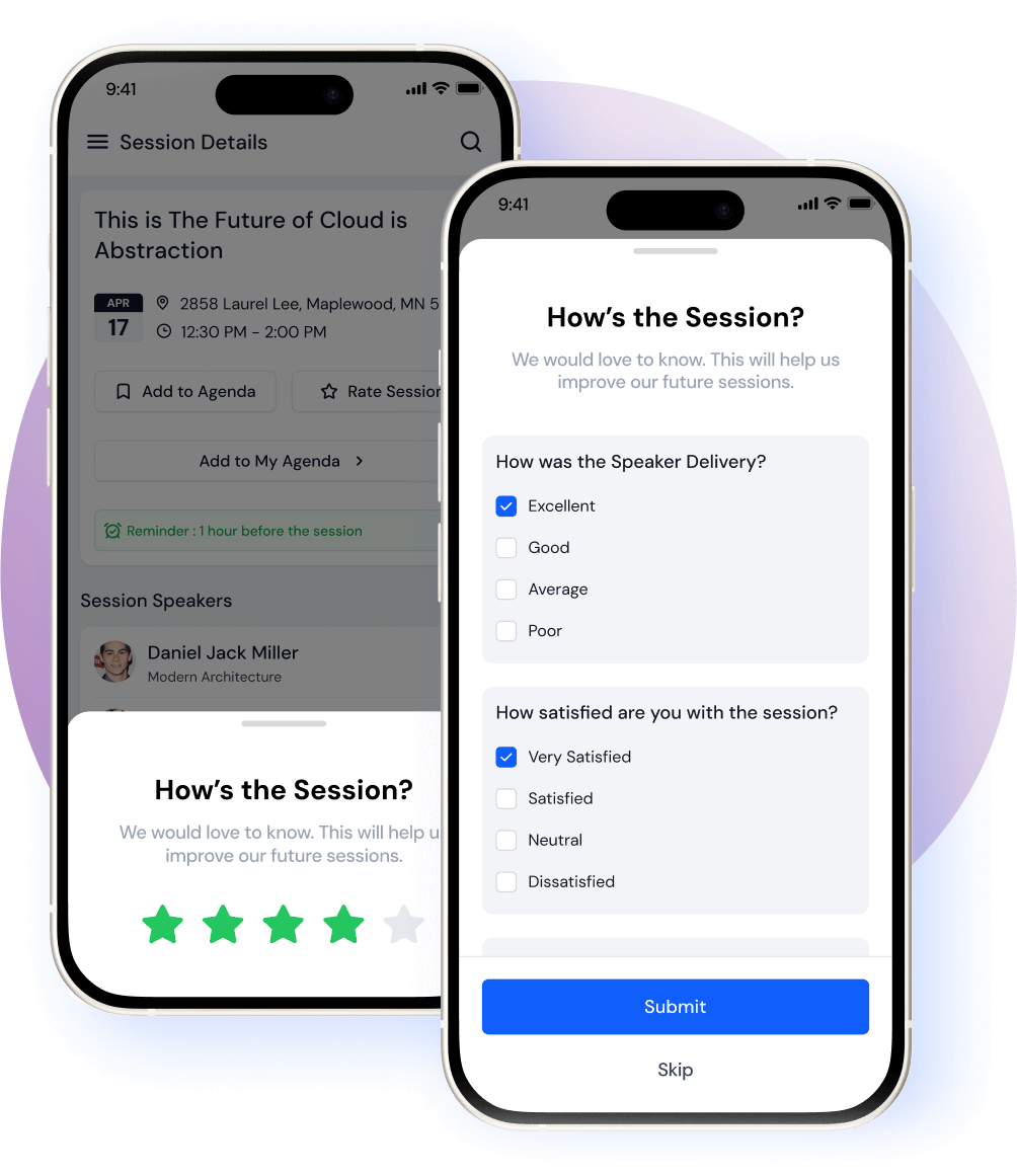 Two smartphone screens showing a session feedback form with star rating and checkboxes for speaker delivery and session satisfaction.
