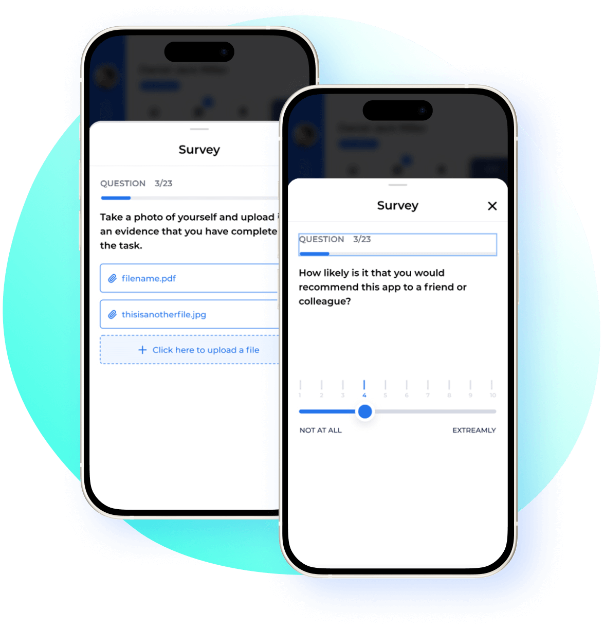 Two smartphones displaying survey questions, one with file upload options and the other with a recommendation likelihood slider.