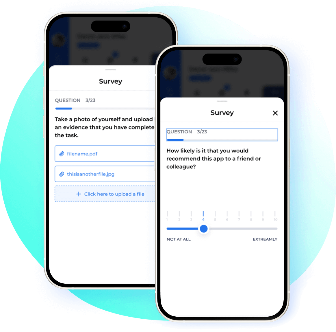Two smartphones display survey questions: one asks to upload a photo or file as evidence of task completion, the other asks how likely the user would recommend the app on a scale from not at all to extremely.