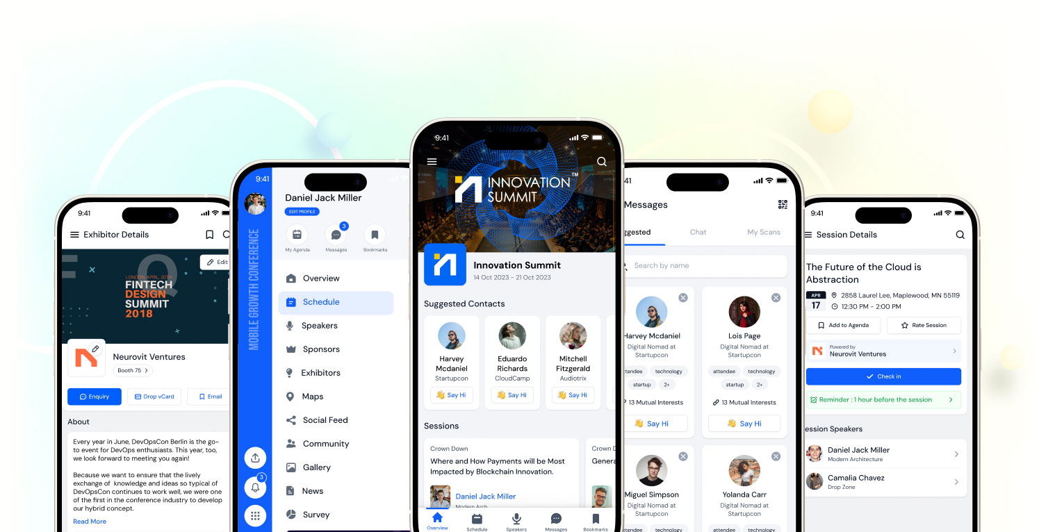Mobile app screens showing features for an innovation summit event including exhibitor details, user profile, suggested contacts, messages, and session details.